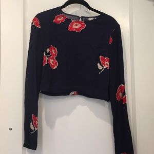 Reformation Blue Red Floral Long Sleeve Crop Top S